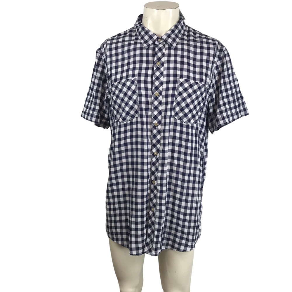 1901 Nordstrom Mens XL Short Sleeve Button Down Shirt Navy Blue White Gingham